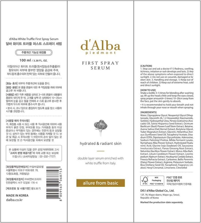 D'Alba Italian White Truffle First Spray Serum, Vegan Skin Care, Hydrating Face Moisturizer, Glow Serum for Radiant Skin, Non Comedogenic, All in One Mist, Korean Skincare (100Ml)…