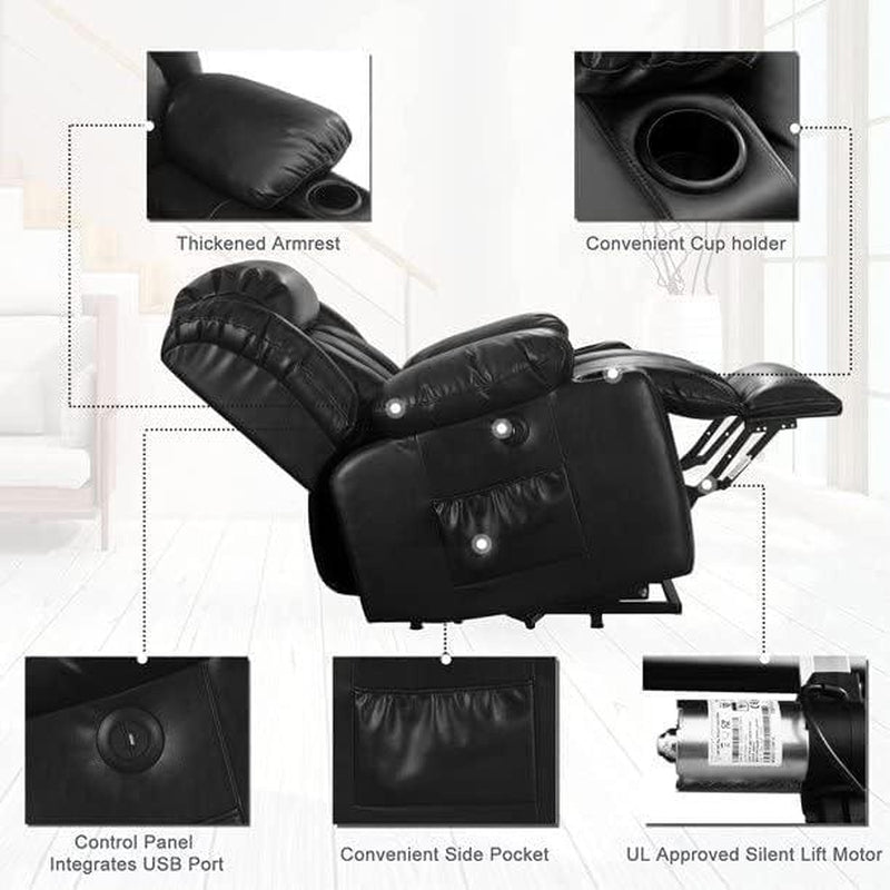 TEKAMON Large Power Lift Recliner Chair with Massage and Heat for Elderly, Overstuffed Wide Recliners, Breathable Leather with Breathable Microporous, USB Ports, 2 Cup Holders