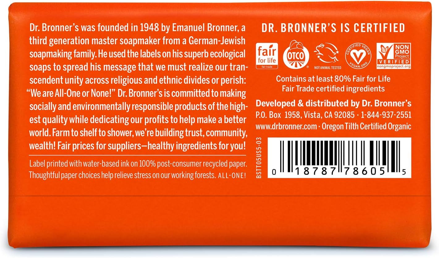 Dr. Bronner’S - Pure-Castile Bar Soap (Tea Tree, 5 Oz, 6-Pack) - Made with Organic Oils, for Face, Body, Hair & Dandruff, Gentle on Acne-Prone Skin, Biodegradable, Vegan, Non-Gmo