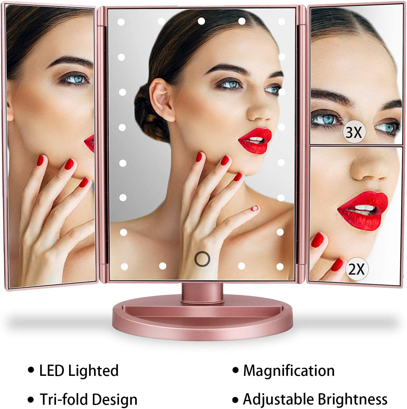 Tri-Fold Lighted Vanity Makeup Mirror with 21 LED Lights, Touch Screen and 3X/2X/1X Magnification