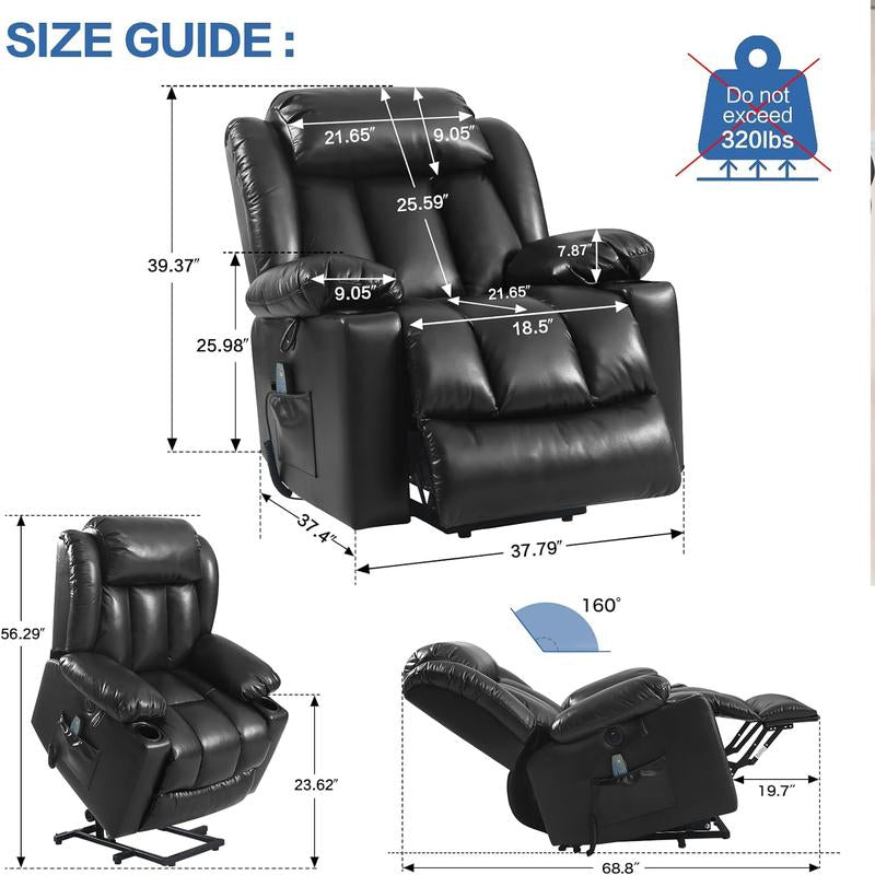 TEKAMON Large Power Lift Recliner Chair with Massage and Heat for Elderly, Overstuffed Wide Recliners, Breathable Leather with Breathable Microporous, USB Ports, 2 Cup Holders