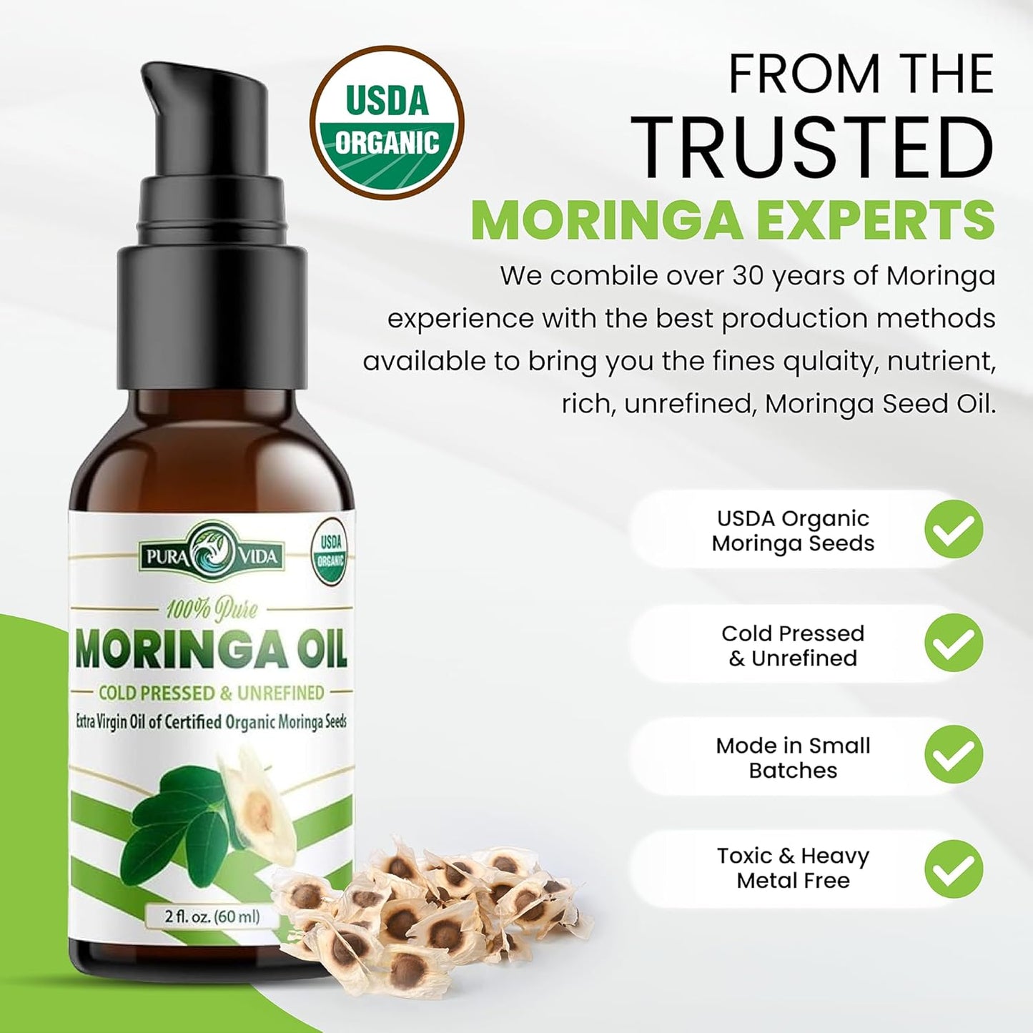 PURA VIDA Organic Moringa Oil 100% Pure, Cold Pressed, Unrefined Moringa Oleifera Seed Oil 2 Fl. Oz (60Ml)