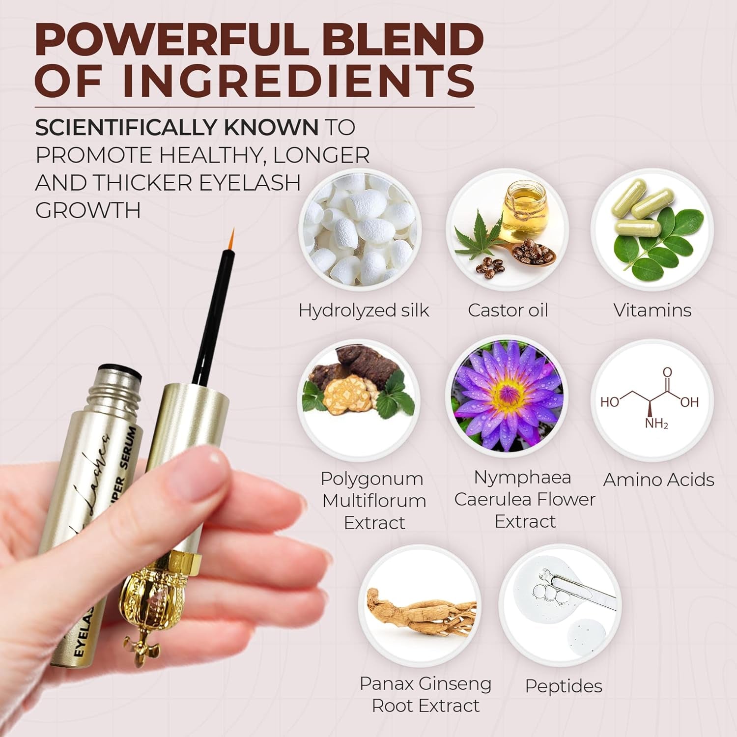 Premium Eyelash Growth Serum: Lash Enhancing Serum with Ginseng Root Extract & Peptides and Castor Oil Advanced Formula to Boost Longer Fuller, Thicker Eyelashes 8Ml