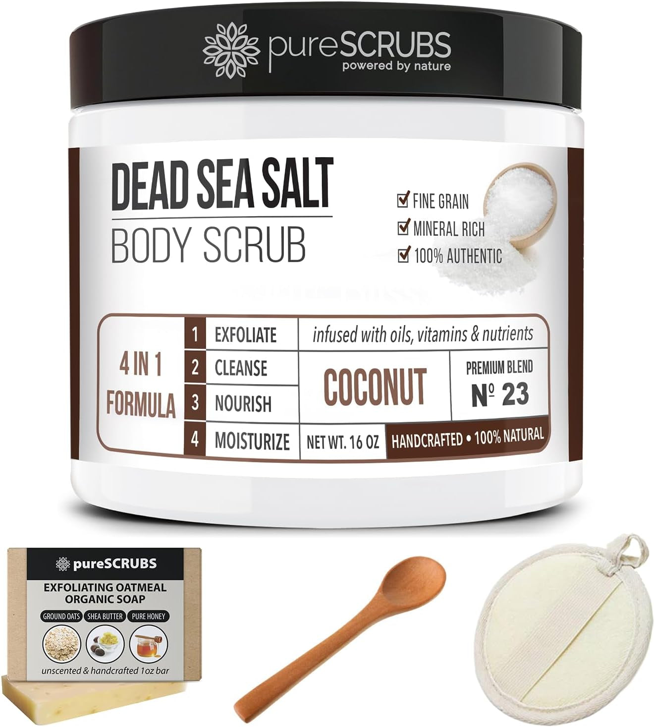 Premium Coconut Body Scrub Set - Large 16Oz Dead Sea Salt Body Scrub with Infused Essential Oils & Nutrients, Includes Wooden Spoon, Loofah & Oatmeal Exfoliating Bar Soap