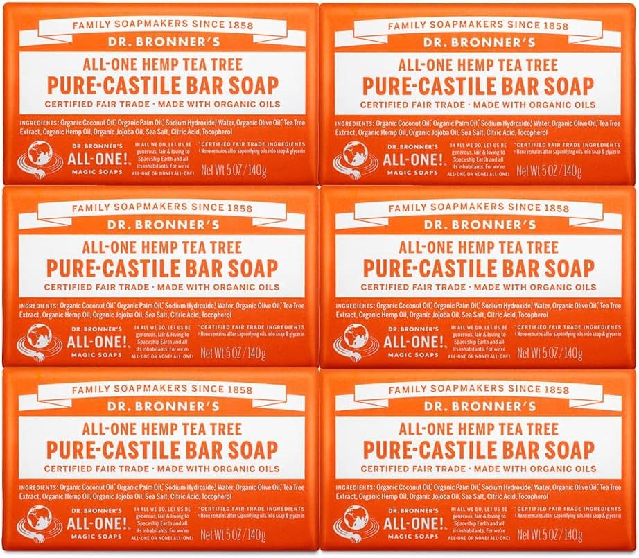 Dr. Bronner’S - Pure-Castile Bar Soap (Tea Tree, 5 Oz, 6-Pack) - Made with Organic Oils, for Face, Body, Hair & Dandruff, Gentle on Acne-Prone Skin, Biodegradable, Vegan, Non-Gmo