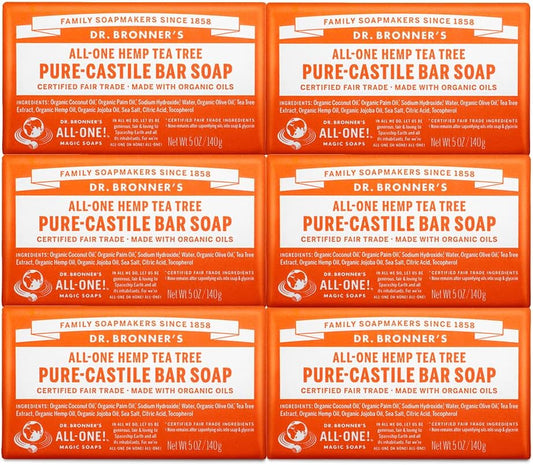 Dr. Bronner’S - Pure-Castile Bar Soap (Tea Tree, 5 Oz, 6-Pack) - Made with Organic Oils, for Face, Body, Hair & Dandruff, Gentle on Acne-Prone Skin, Biodegradable, Vegan, Non-Gmo