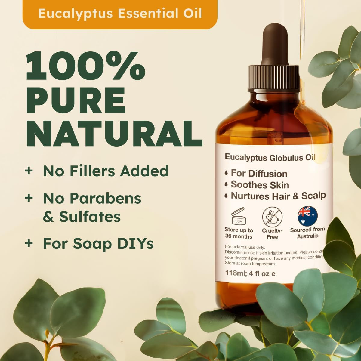 Kukka Eucalyptus Essential Oil for Diffuser & Humidifier - 118Ml - 100% Pure Natural Eucalyptus Oil for Skin, Fresh Scent, for Aromatherapy, Hair, Candle & Soap Making Scent DIY