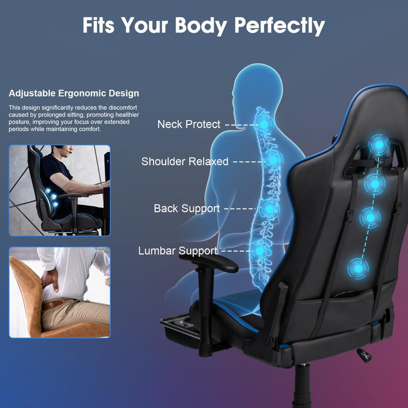 Professional Full Body Massage Gaming Chair with Footrest, 175° Reclining, Ergonomic Racing High Back Home Office Computer Chair, Video Game Chair for Adluts Kids