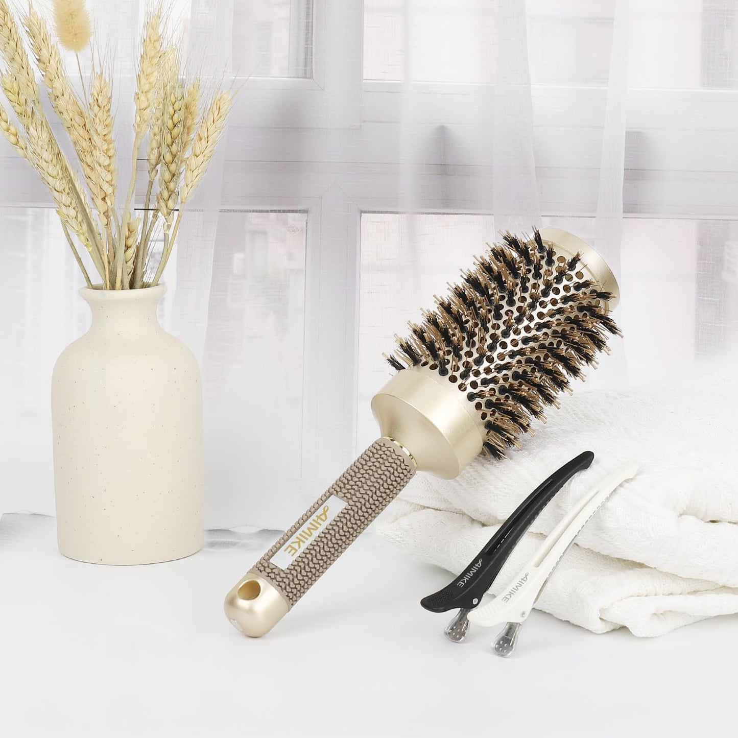 round Brush, Nano Thermal Ceramic & Ionic Tech Hair Brush, round Barrel Brush with Boar Bristles, Enhance Texture for Hair Drying, Styling, Curling and Shine (Barrel 2.1 Inch) + 4 Free Clips By