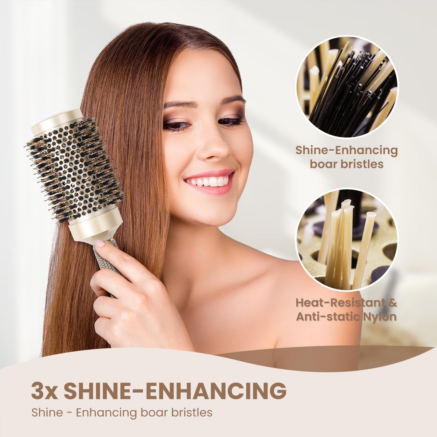 round Brush, Nano Thermal Ceramic & Ionic Tech Hair Brush, round Barrel Brush with Boar Bristles, Enhance Texture for Hair Drying, Styling, Curling and Shine (Barrel 2.1 Inch) + 4 Free Clips By