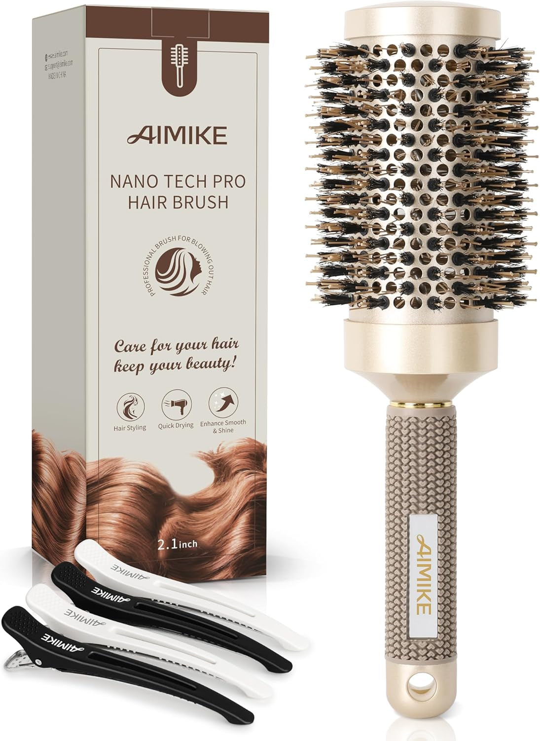 round Brush, Nano Thermal Ceramic & Ionic Tech Hair Brush, round Barrel Brush with Boar Bristles, Enhance Texture for Hair Drying, Styling, Curling and Shine (Barrel 2.1 Inch) + 4 Free Clips By