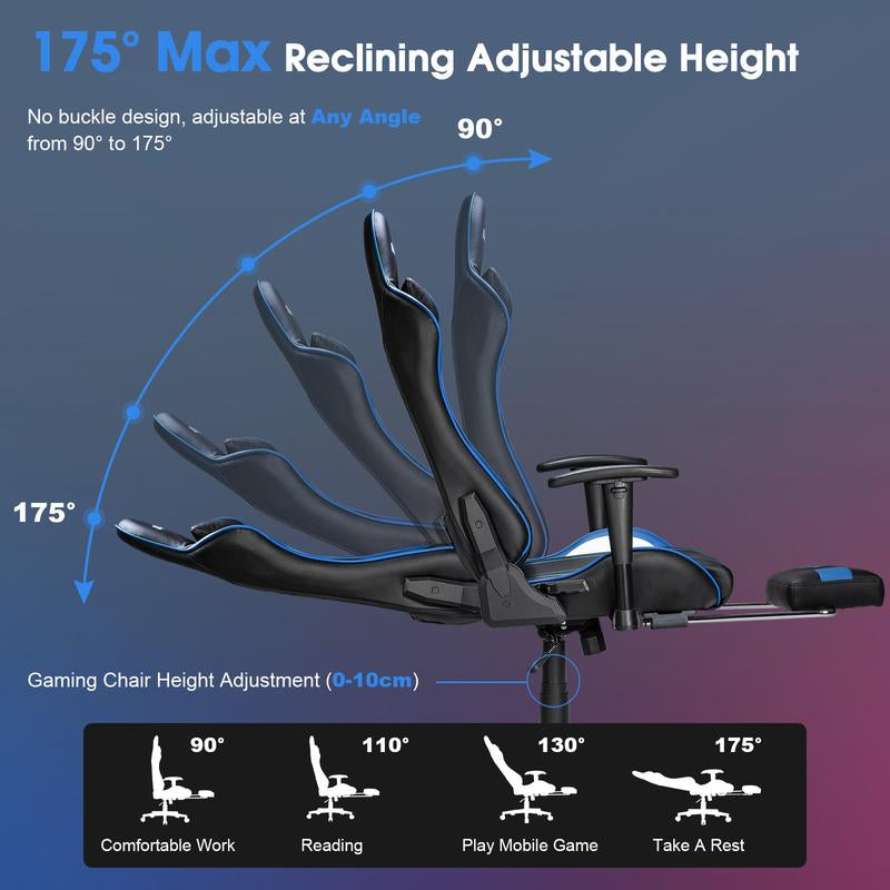 Professional Full Body Massage Gaming Chair with Footrest, 175° Reclining, Ergonomic Racing High Back Home Office Computer Chair, Video Game Chair for Adluts Kids