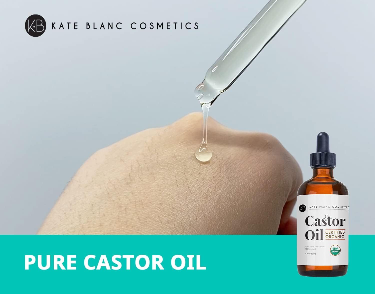 Castor Oil (120Ml), USDA Certified Organic, 100% Pure, Cold Pressed, Hexane Free by Kate Blanc. Stimulate Growth for Eyelashes, Eyebrows, & Hair