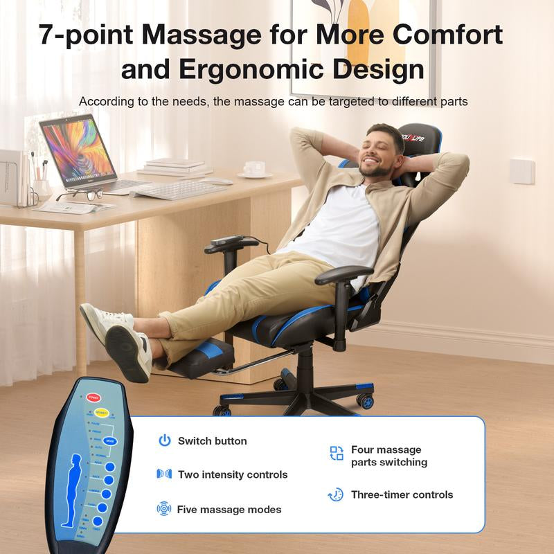 Professional Full Body Massage Gaming Chair with Footrest, 175° Reclining, Ergonomic Racing High Back Home Office Computer Chair, Video Game Chair for Adluts Kids