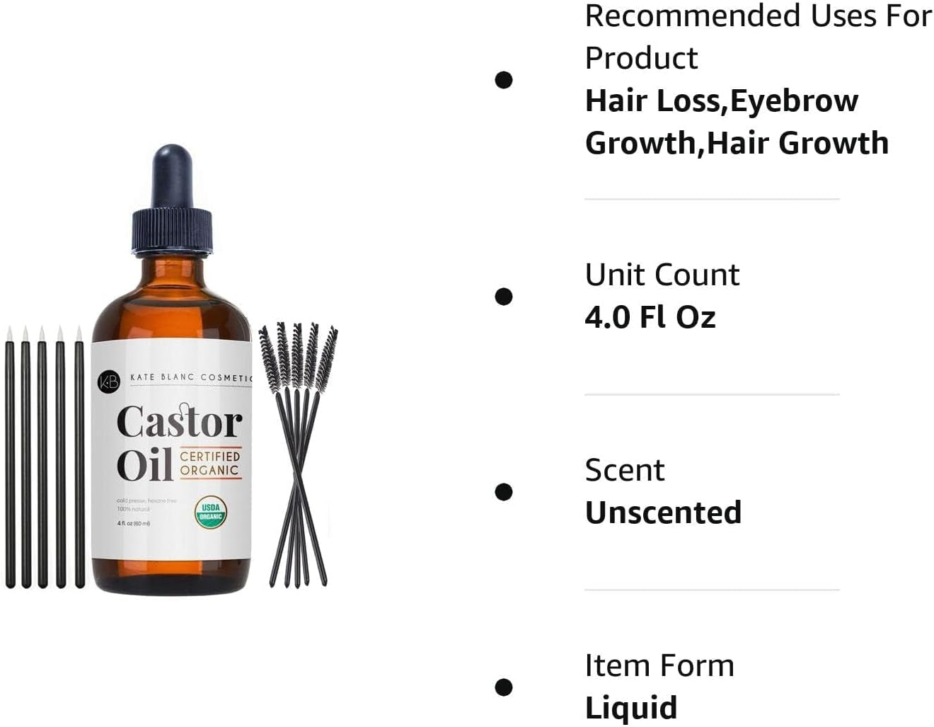 Castor Oil (120Ml), USDA Certified Organic, 100% Pure, Cold Pressed, Hexane Free by Kate Blanc. Stimulate Growth for Eyelashes, Eyebrows, & Hair