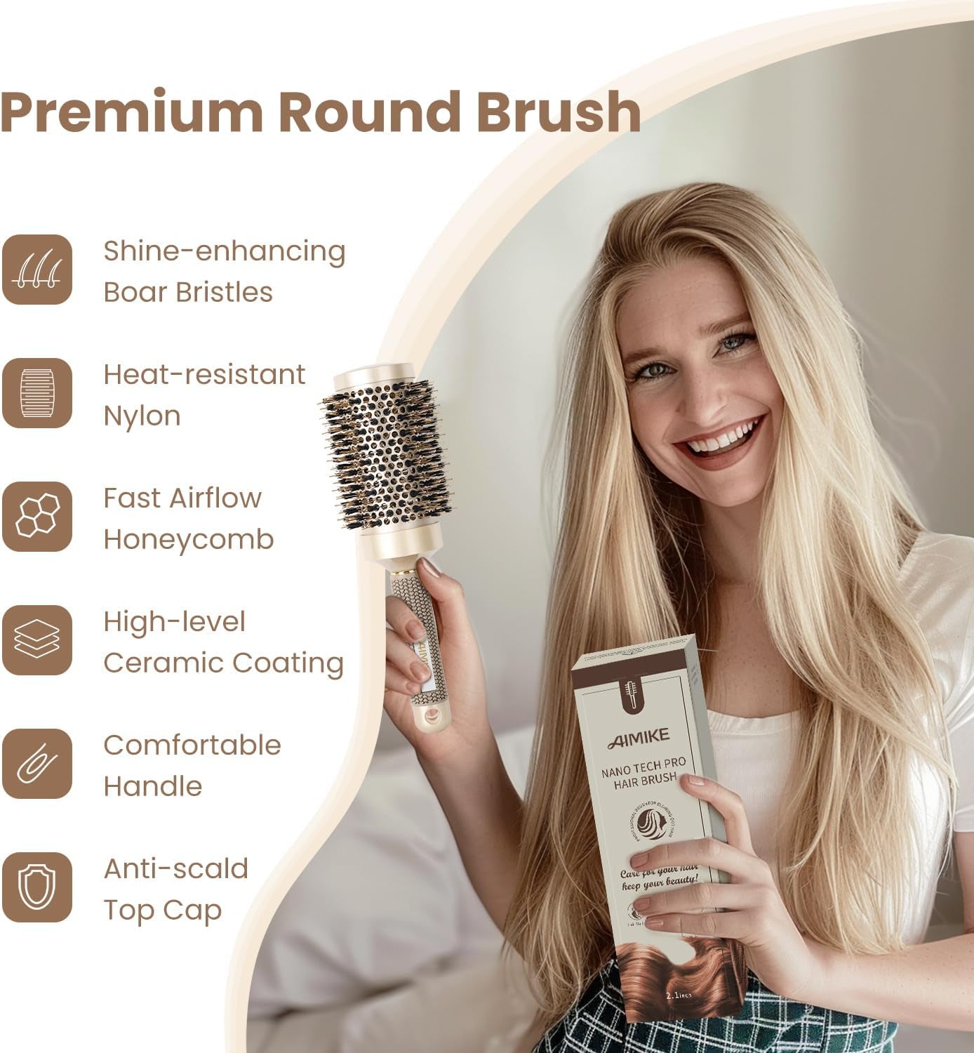 round Brush, Nano Thermal Ceramic & Ionic Tech Hair Brush, round Barrel Brush with Boar Bristles, Enhance Texture for Hair Drying, Styling, Curling and Shine (Barrel 2.1 Inch) + 4 Free Clips By