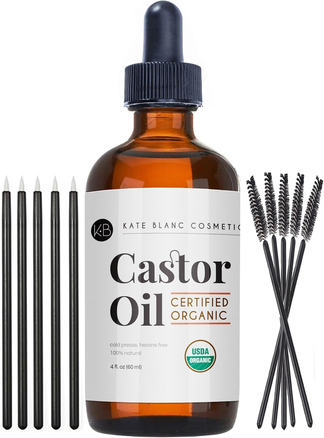 Castor Oil (120Ml), USDA Certified Organic, 100% Pure, Cold Pressed, Hexane Free by Kate Blanc. Stimulate Growth for Eyelashes, Eyebrows, & Hair