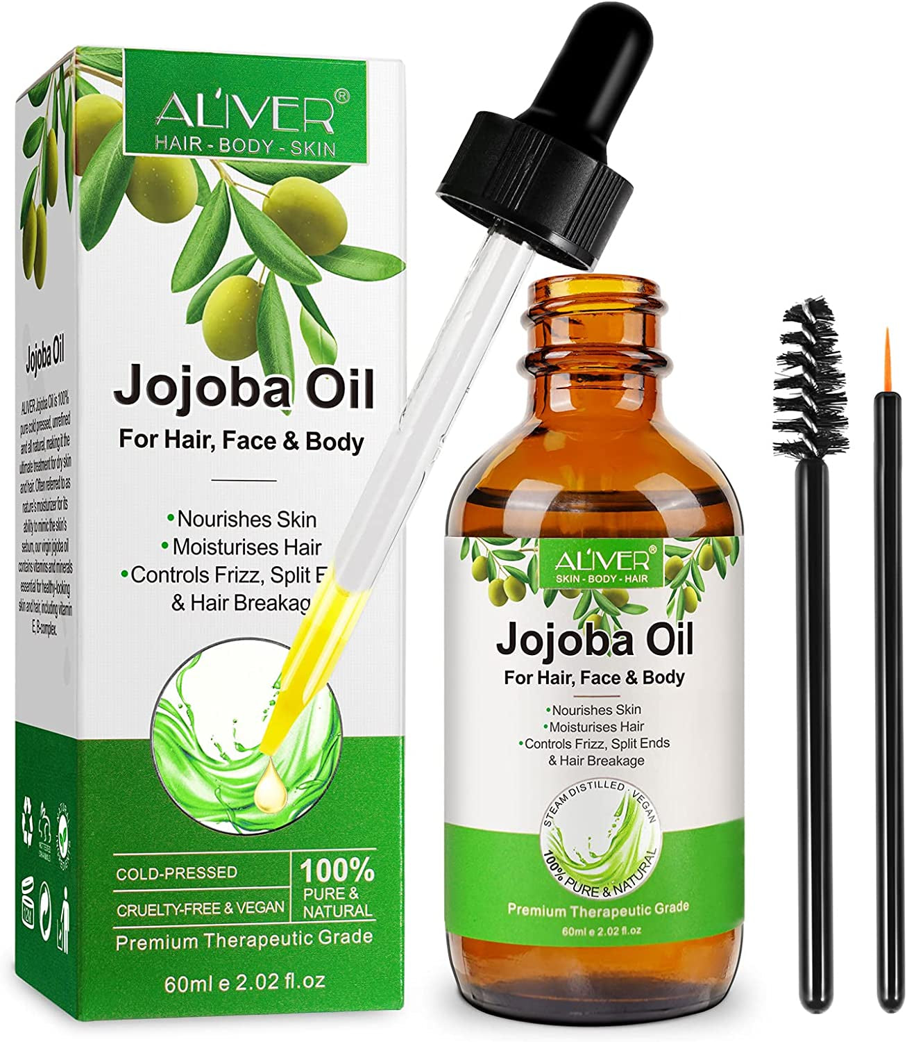 Organic Jojoba Oil, 100% Pure (2.02Oz Large) | Natural Cold Pressed Unrefined Hexane Free Oil for Hair & Face | Carrier Oil for Gua Sha Massage,Suitable for Men Women