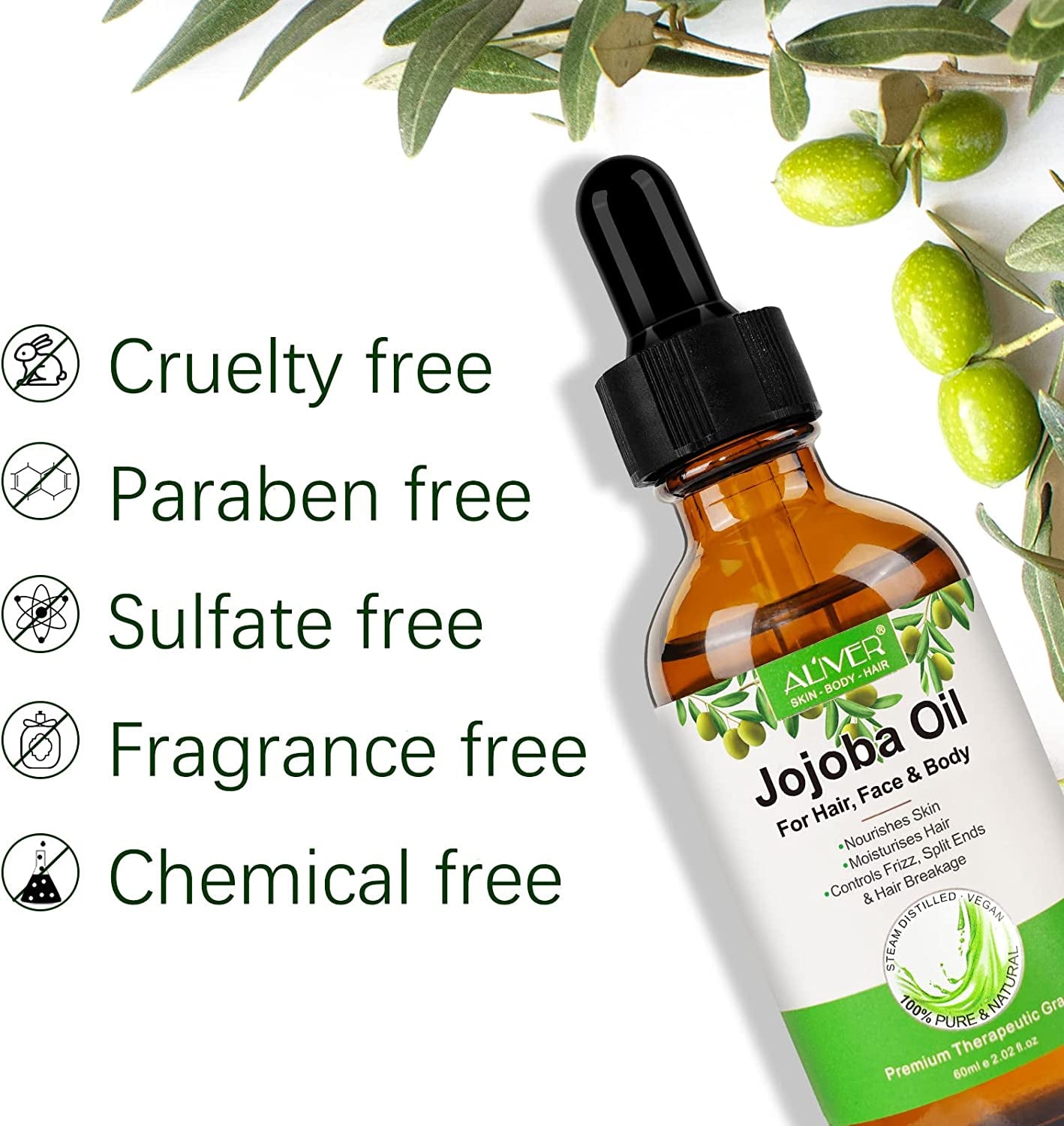 Organic Jojoba Oil, 100% Pure (2.02Oz Large) | Natural Cold Pressed Unrefined Hexane Free Oil for Hair & Face | Carrier Oil for Gua Sha Massage,Suitable for Men Women