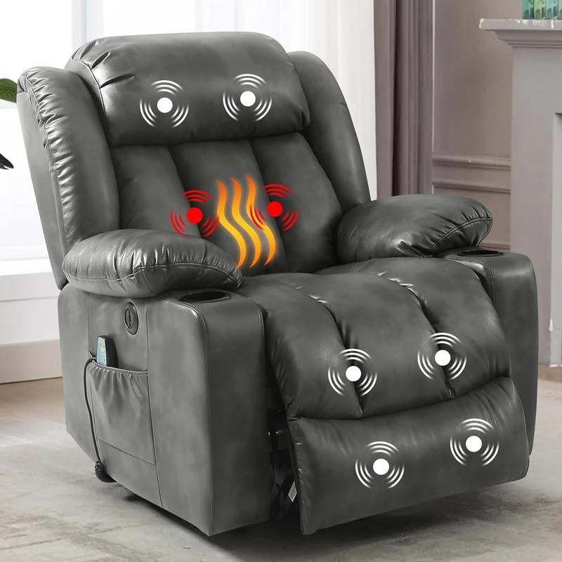 TEKAMON Large Power Lift Recliner Chair with Massage and Heat for Elderly, Overstuffed Wide Recliners, Breathable Leather with Breathable Microporous, USB Ports, 2 Cup Holders