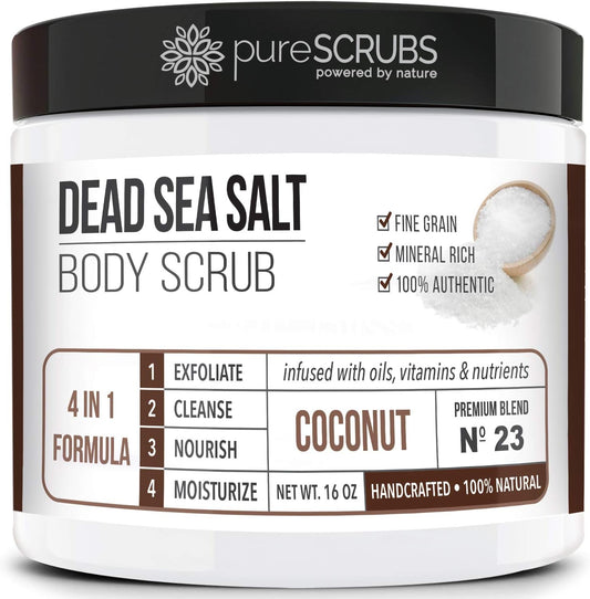 Premium Coconut Body Scrub Set - Large 16Oz Dead Sea Salt Body Scrub with Infused Essential Oils & Nutrients, Includes Wooden Spoon, Loofah & Oatmeal Exfoliating Bar Soap