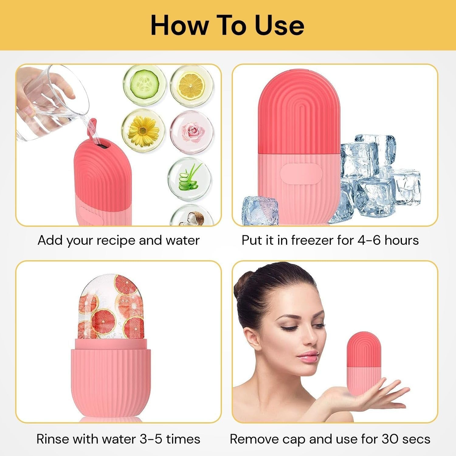 Ice Cube Roller Massager for Face, Eyes and Neck Naturally Conditioning and Skin Care, De-Puff Eye Bags, Reduce Migraine Pain, Shrink Pores anti Wrinkle Reusable Massage Silicone Ice Mold (Pink)