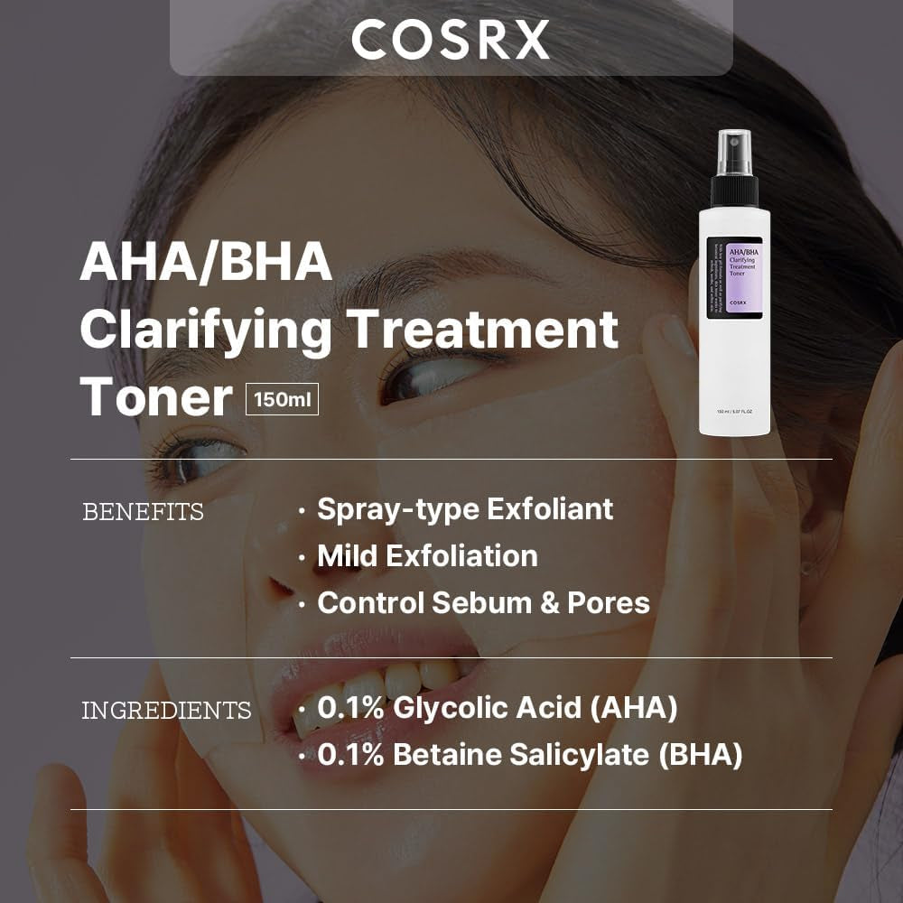 AHA/BHA Treatment Toner 150Ml, Facial Exfoliating Spray for Whiteheads, Pores, & Uneven Skin, Korean Toner, Not Tested on Animals, No Parabens, No Sulfates, Korean Skincare