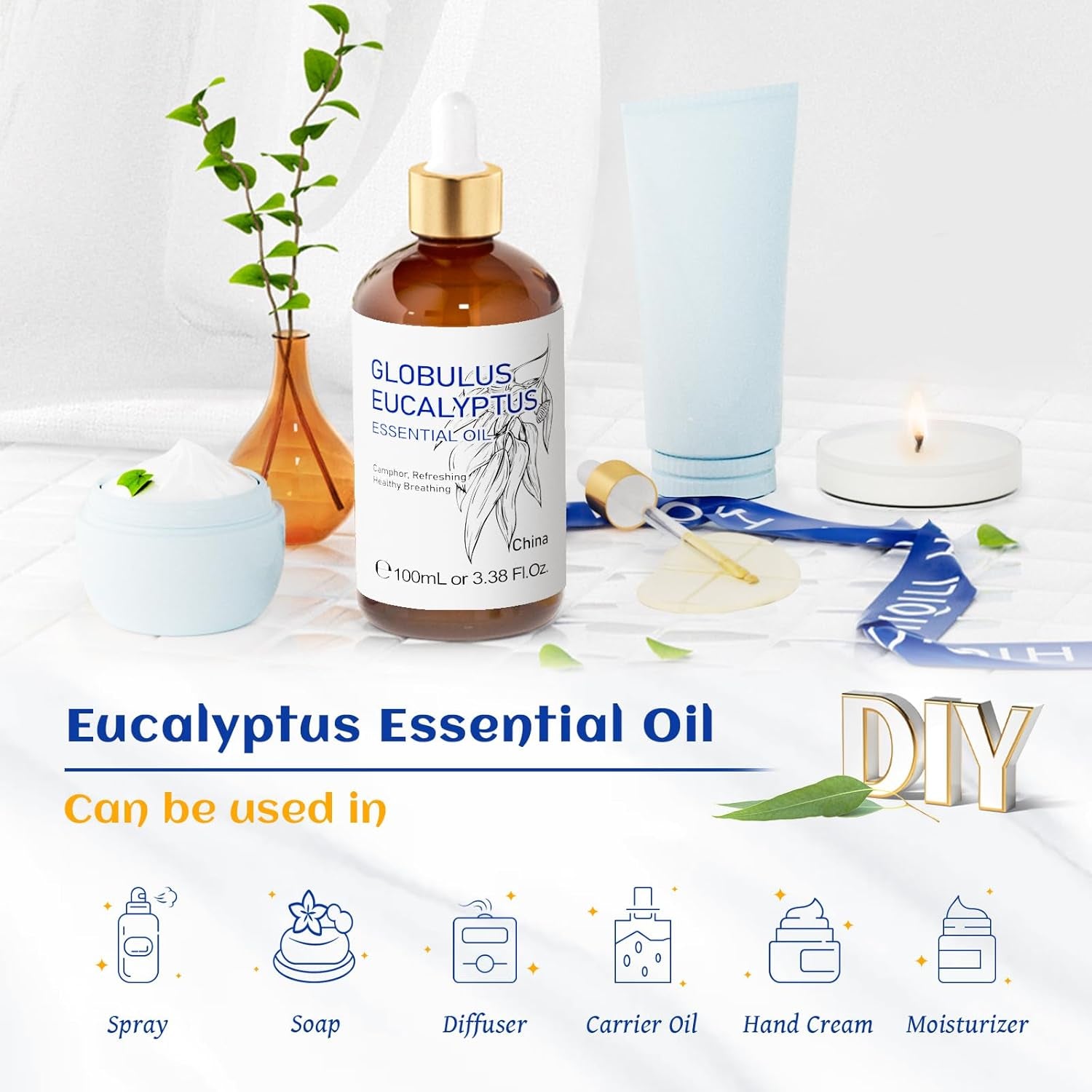 Eucalyptus Essential Oil (100ML), 100% Pure Natural Eucalyptus Oil for Diffuser, Humidifier, Aromatherapy - 3.38 Fl Oz