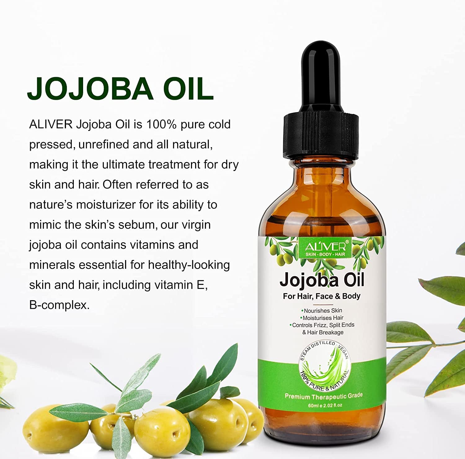 Organic Jojoba Oil, 100% Pure (2.02Oz Large) | Natural Cold Pressed Unrefined Hexane Free Oil for Hair & Face | Carrier Oil for Gua Sha Massage,Suitable for Men Women