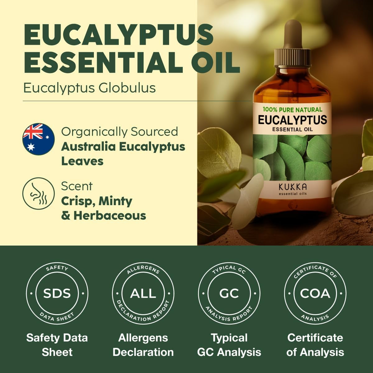 Kukka Eucalyptus Essential Oil for Diffuser & Humidifier - 118Ml - 100% Pure Natural Eucalyptus Oil for Skin, Fresh Scent, for Aromatherapy, Hair, Candle & Soap Making Scent DIY