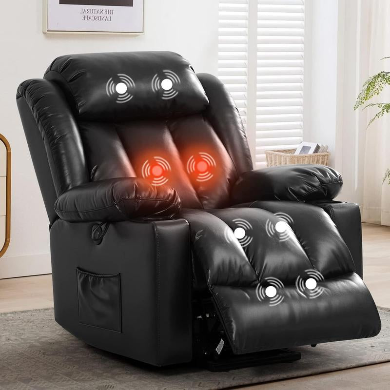 TEKAMON Large Power Lift Recliner Chair with Massage and Heat for Elderly, Overstuffed Wide Recliners, Breathable Leather with Breathable Microporous, USB Ports, 2 Cup Holders