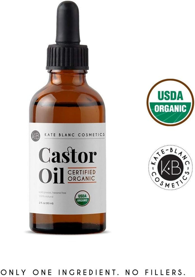 Castor Oil (120Ml), USDA Certified Organic, 100% Pure, Cold Pressed, Hexane Free by Kate Blanc. Stimulate Growth for Eyelashes, Eyebrows, & Hair