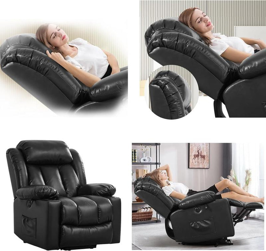 TEKAMON Large Power Lift Recliner Chair with Massage and Heat for Elderly, Overstuffed Wide Recliners, Breathable Leather with Breathable Microporous, USB Ports, 2 Cup Holders