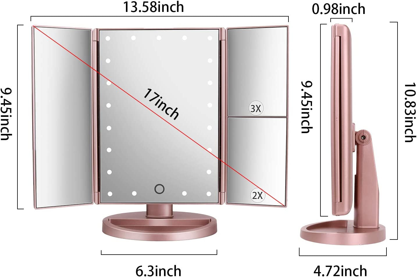 Tri-Fold Lighted Vanity Makeup Mirror with 21 LED Lights, Touch Screen and 3X/2X/1X Magnification