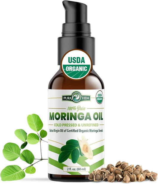 PURA VIDA Organic Moringa Oil 100% Pure, Cold Pressed, Unrefined Moringa Oleifera Seed Oil 2 Fl. Oz (60Ml)