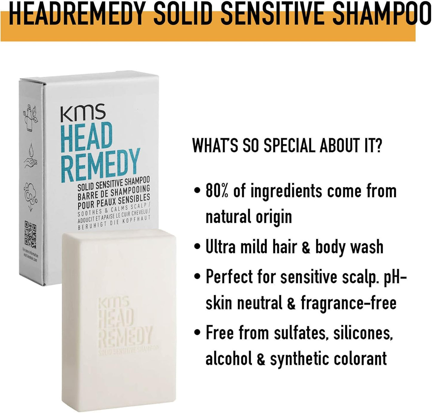 HEADREMEDY, Solid Sensitive Shampoo Bar for All Hair Types with a Sensitive Scalp, 75 Gr