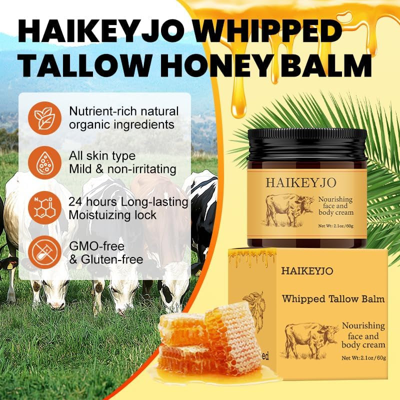 Whipped Beef Tallow Moisturiser for Face, Skin & Body Care, 100% Natural Grass-Fed Beef Tallow and Honey Balm - 60G