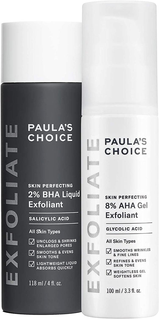 -Skin PERFECTING 8% AHA Gel Exfoliant & 2% BHA Liquid Duo-Facial Exfoliants for Blackheads Enlarged Pores Wrinkles and Fine Lines Face Exfoliators W/Glycolic Acid Salicylic Acid